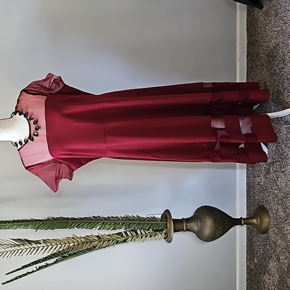 Roaman's Brick Red Short Sleeve Dress with Sheer Gauze Accents NWT - Picture 2 of 12